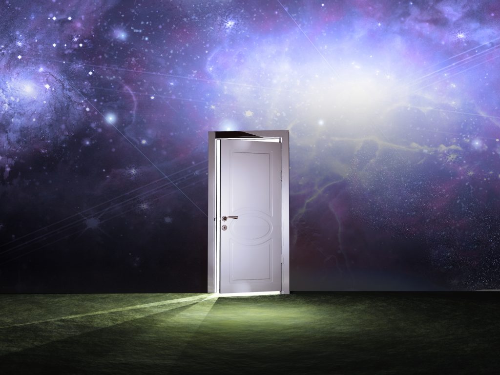 Doorway before cosmic sky